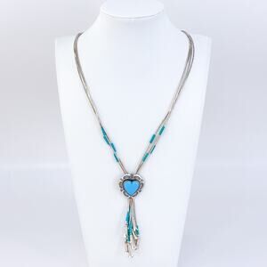 Vintage Sterling Silver 925 Turquoise Colored Resin Heart Necklace 24"